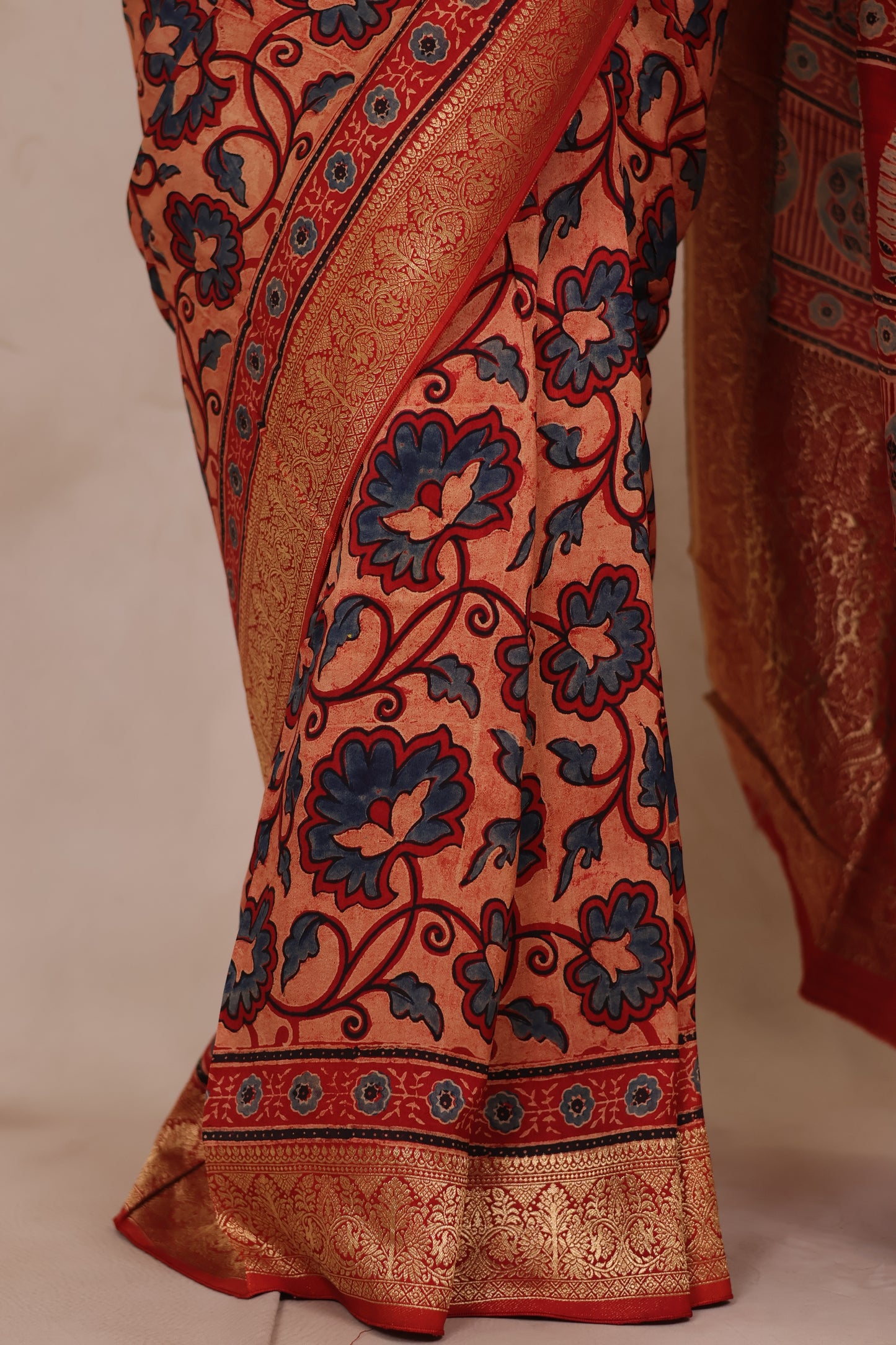 Onion Pink & Blue Ajrakh Handblock printed Dola Silk Saree | Looms & Tassels