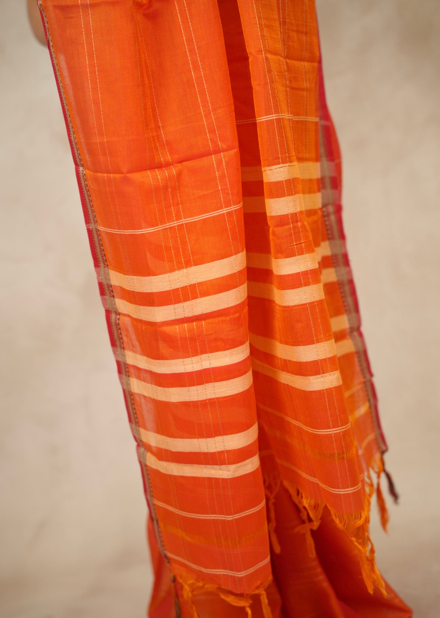 Orange Narayanpet Cotton Saree lines weaving | Looms & Tassels