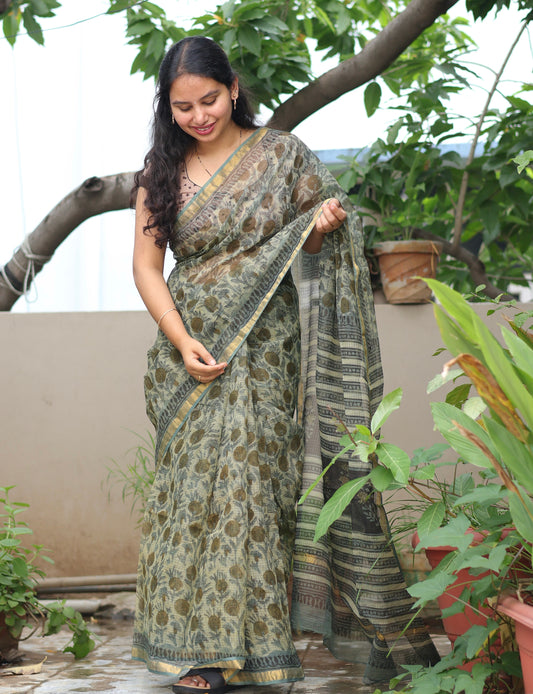 Bagru Hand block printed Kota Doriya Saree