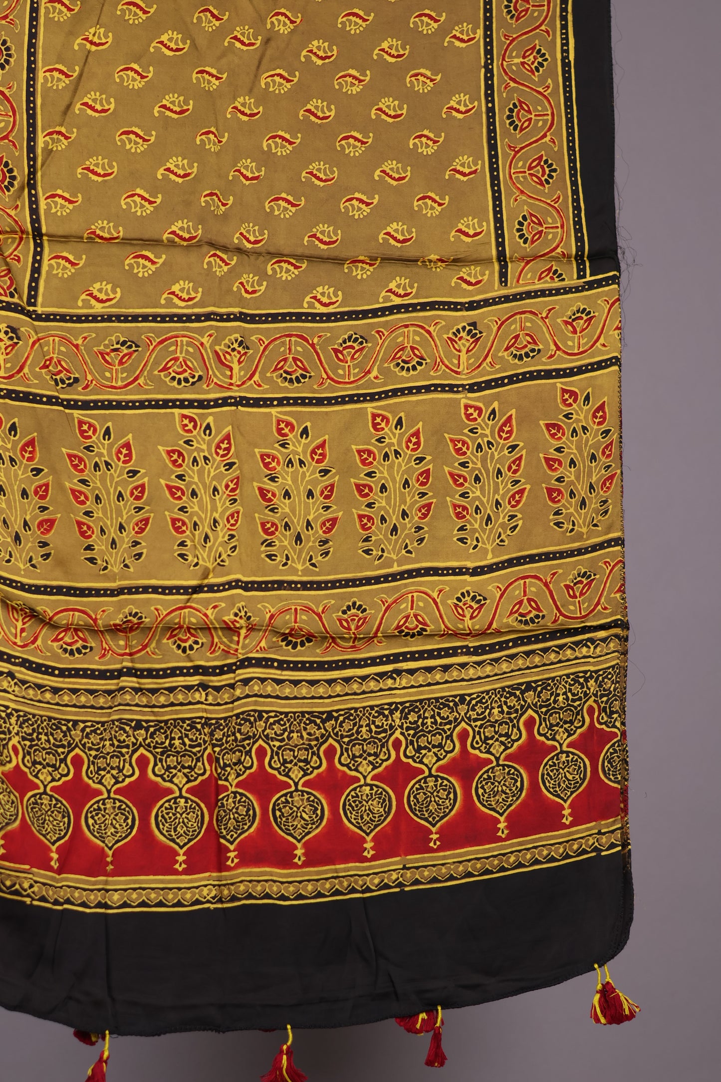 Mustard Ajrakh Hand Block Printed Modal Silk Stole | Looms & Tassels