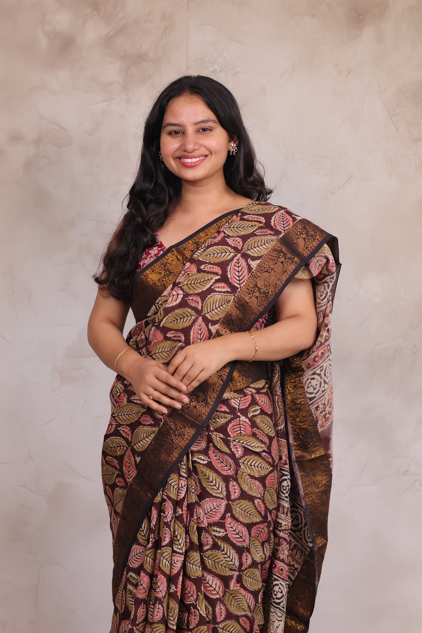 Brown Hand Block Printed Kalamkari Kanchi Border Silk Saree