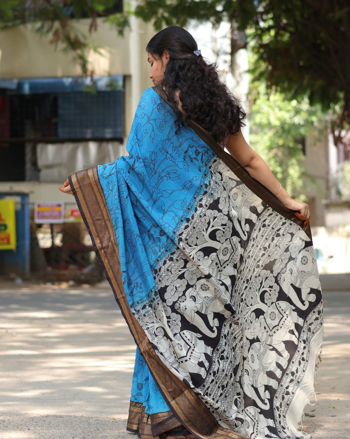 Blue Dyeing Outline kalamkari silk saree