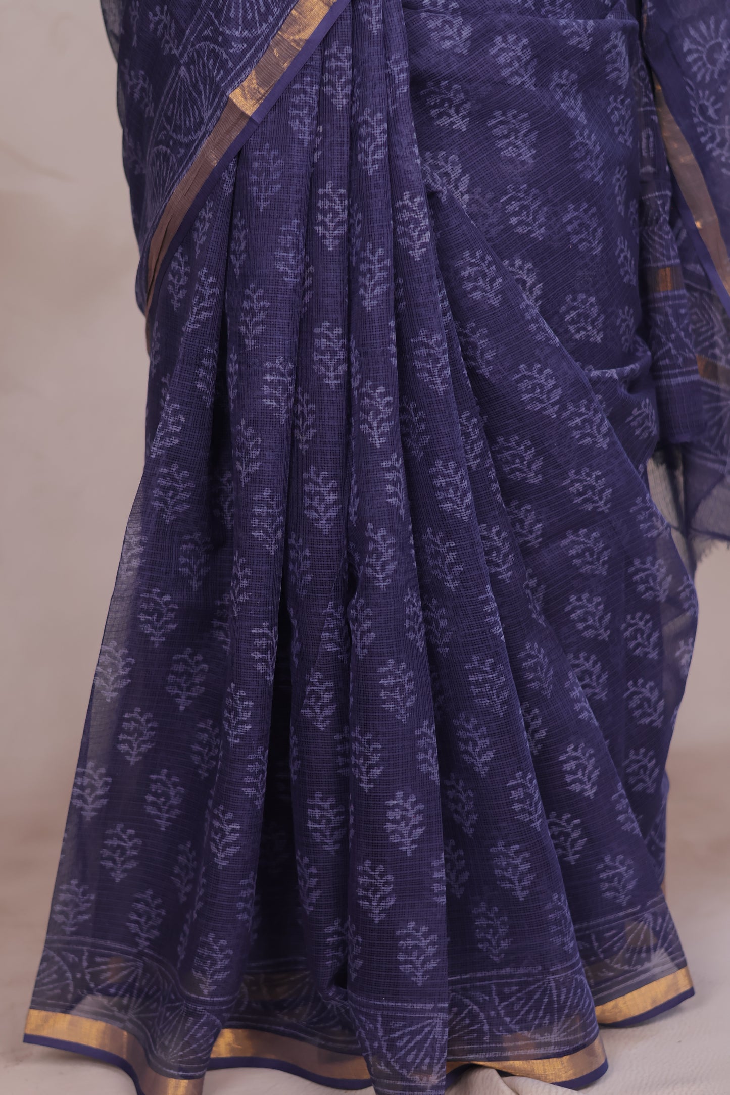 Blue Pure Kota Doria Saree with Bagru Handblock Prints | Looms & Tassels