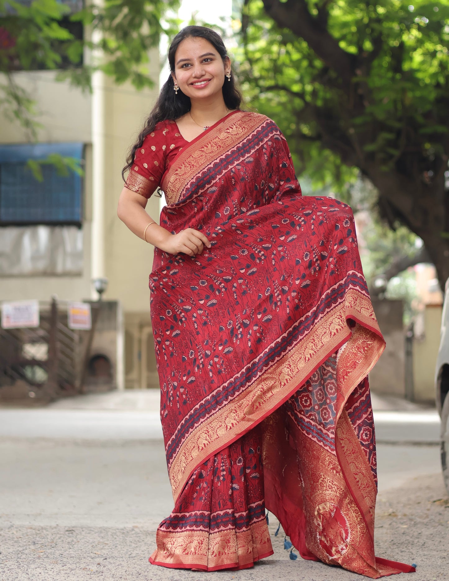 Maroon Ajrakh Dola Silk Saree