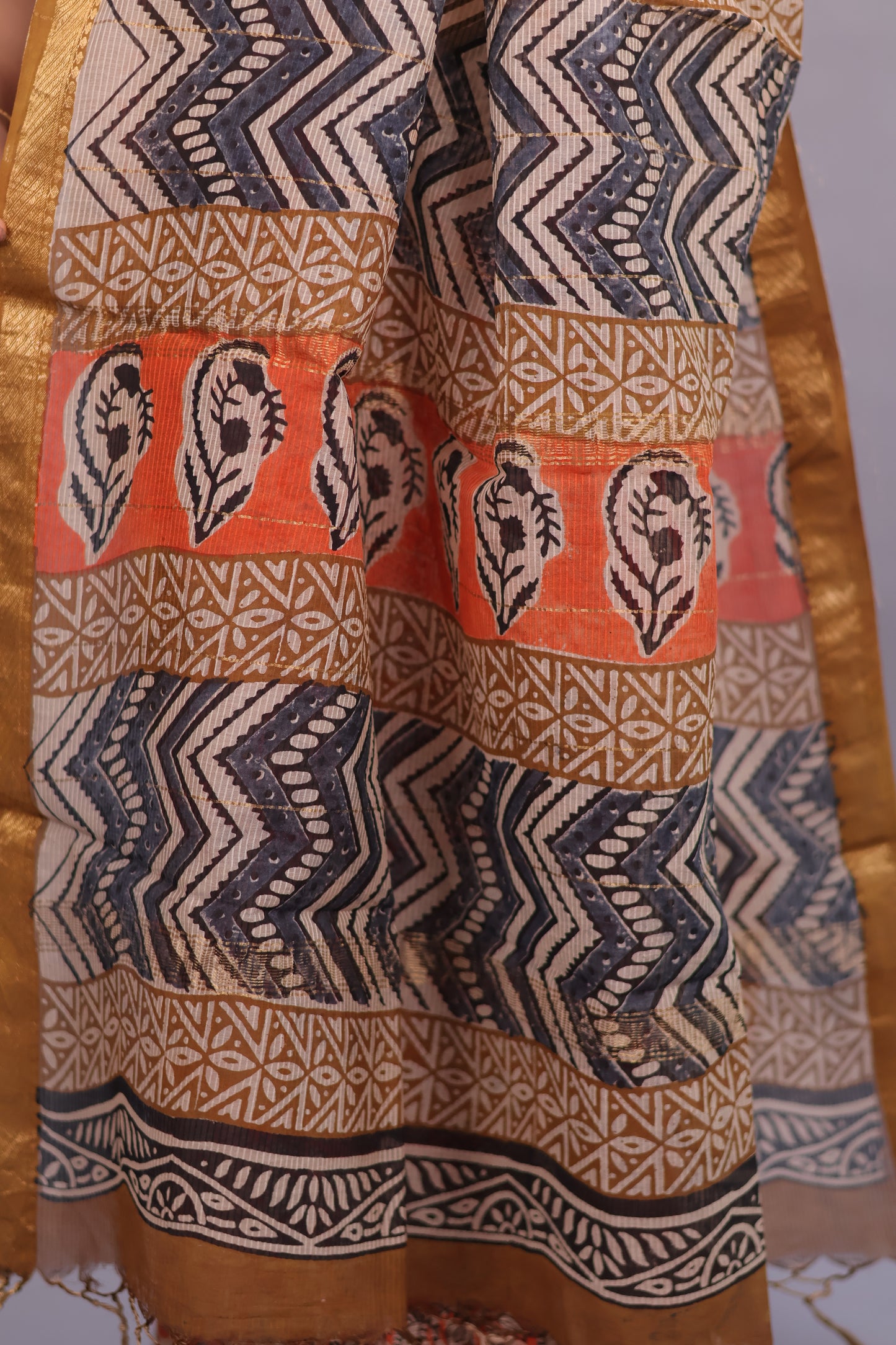 Orange Bagru Hand Block Printed Maheswari Silk Cotton Saree