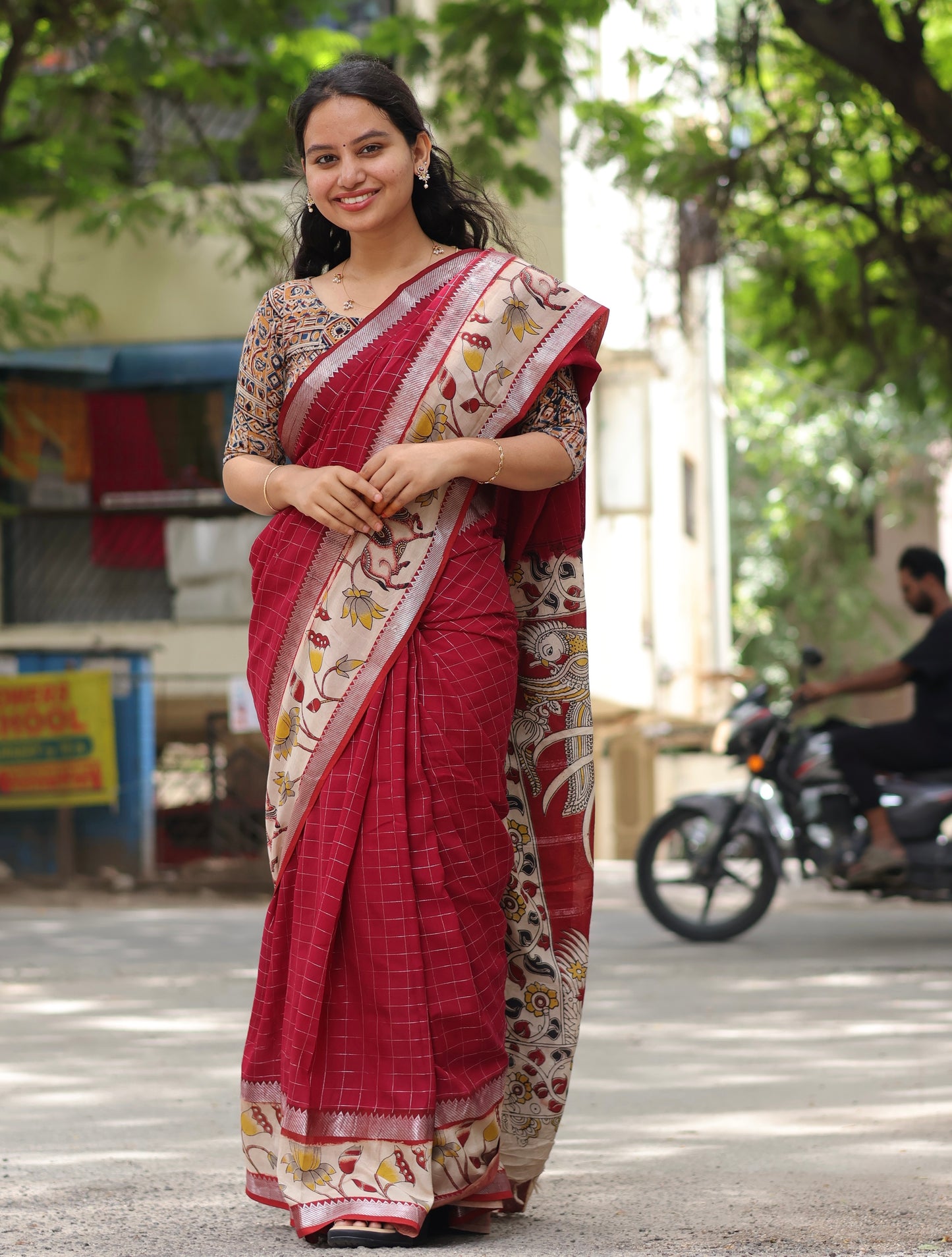 Maroon Checks Kalamkari dyeing premium chennur silk saree