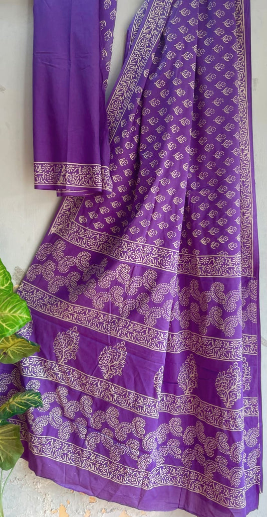Bagru Handblock printed MulMul cotton saree