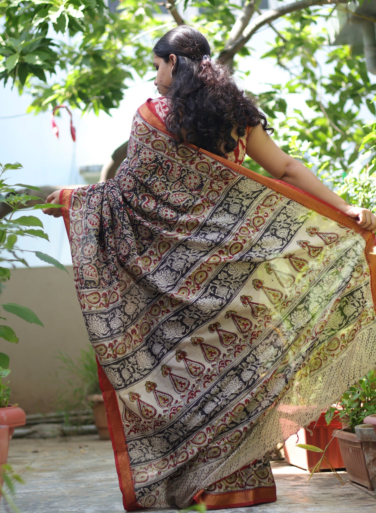 Black Hand Block Printed Kalamkari Nizam Border Silk Sare