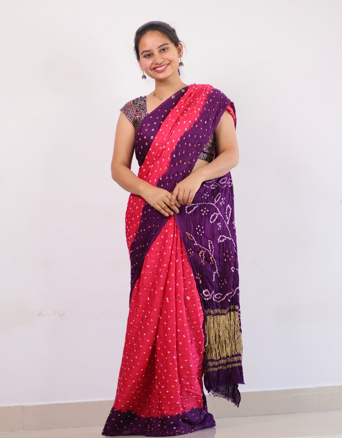 Pink & purple Bandhej Modal Silk Saree
