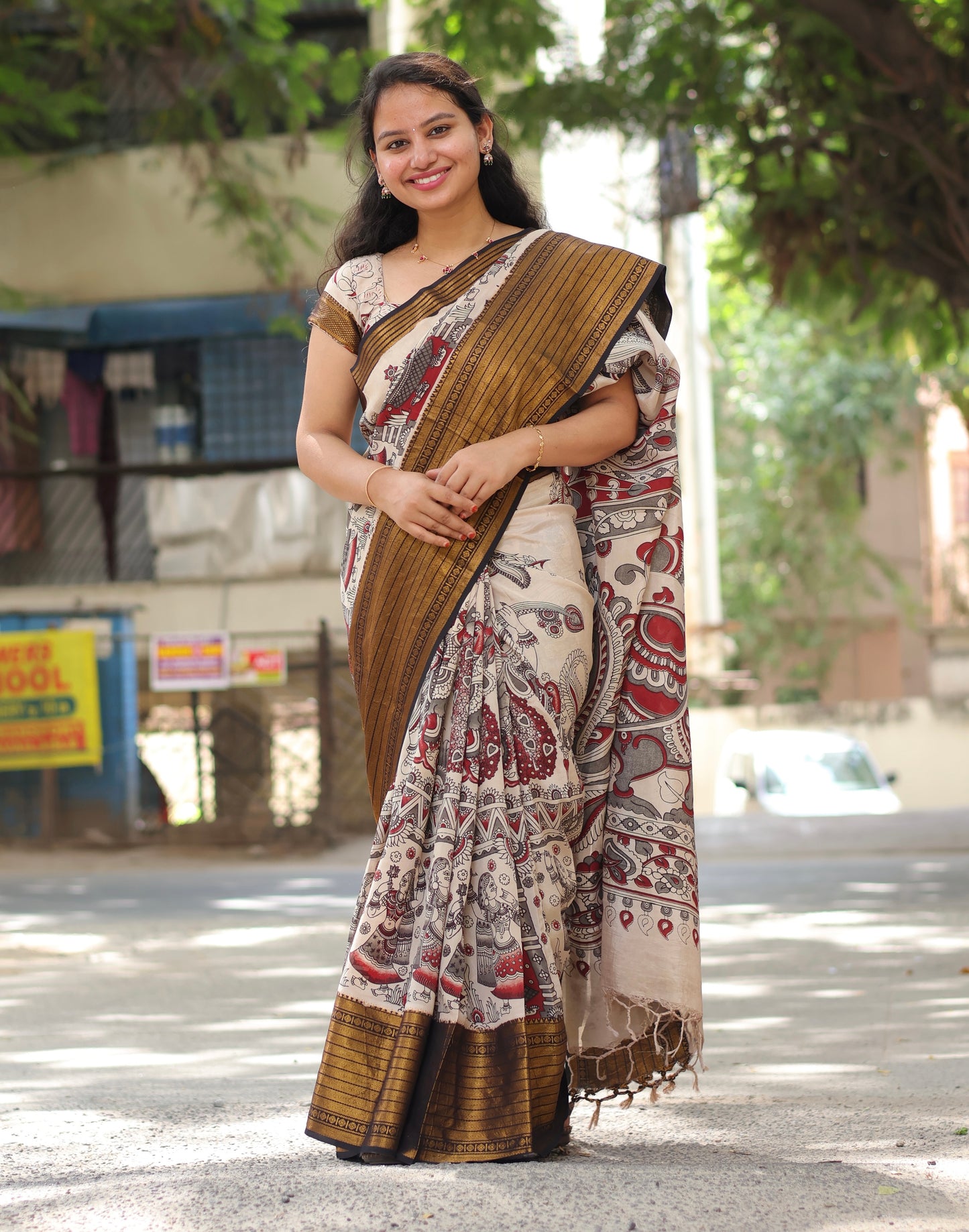 Cream Kanchi Border Kalamkari Chennur Silk Saree