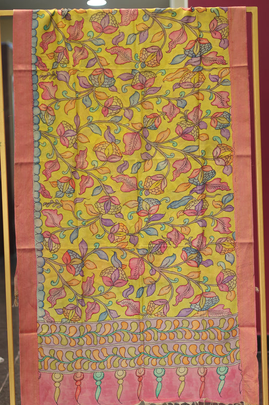 Yellow Pen Kalamkari chennur silk duppata