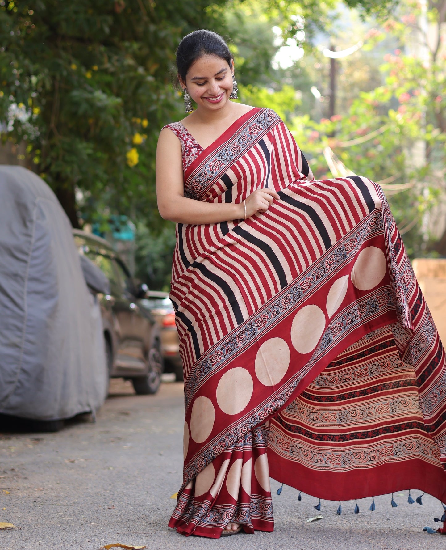 Red Ajrakh Modal Silk Saree