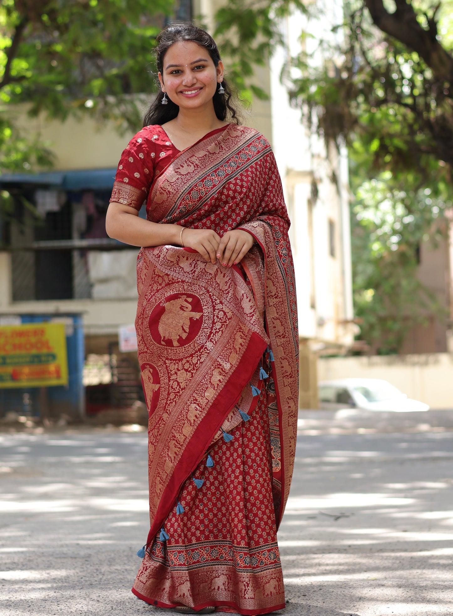 Flower Butta Ajrakh Dola Silk Saree