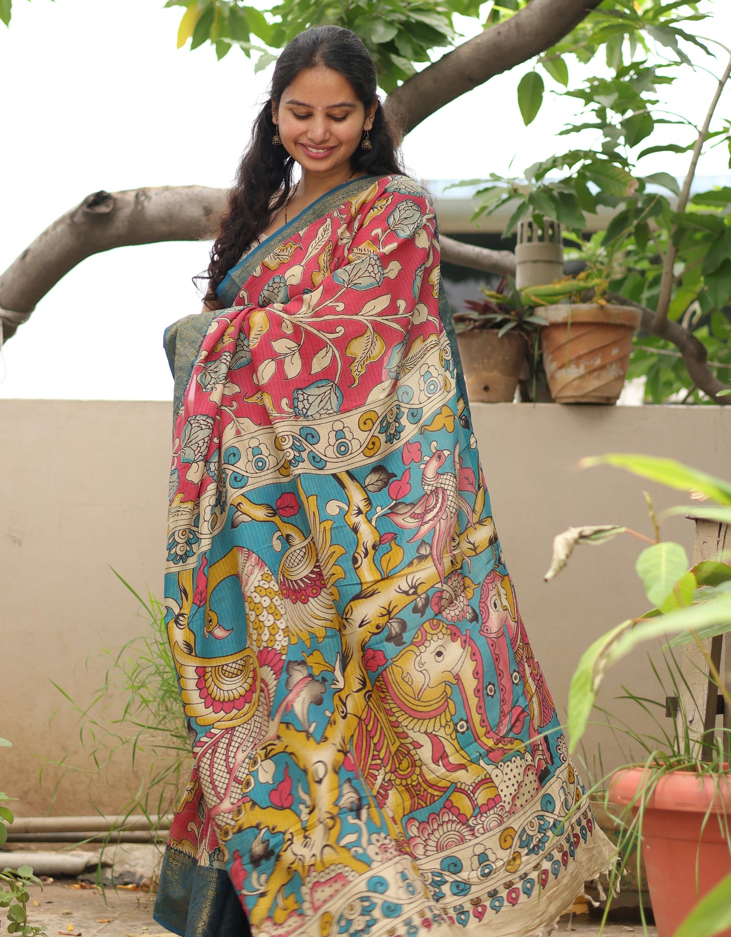 Pink Kanchi border Kalamkari chennur silk saree