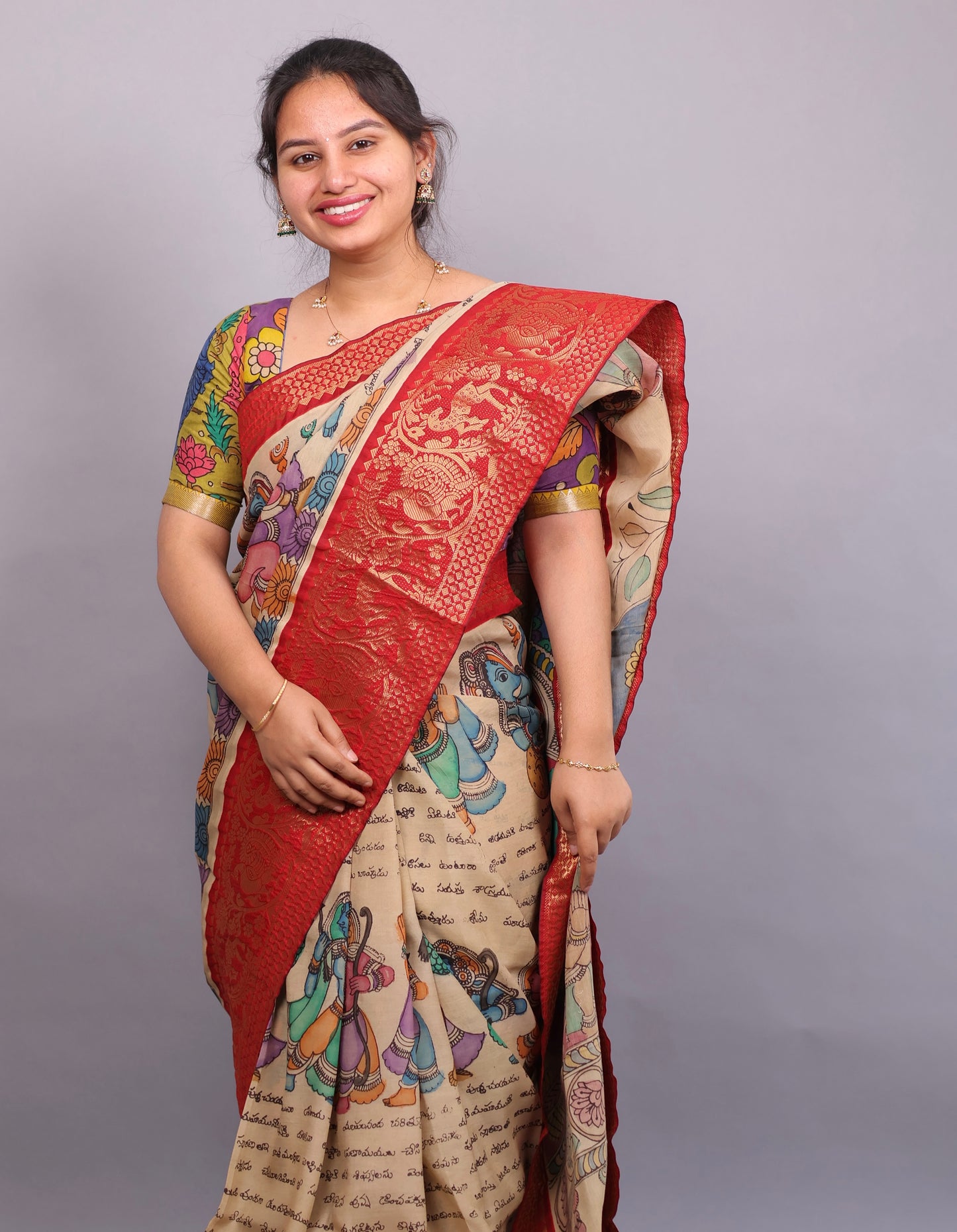 Cream Hand Painted Pen Kalamkari Silk Saree