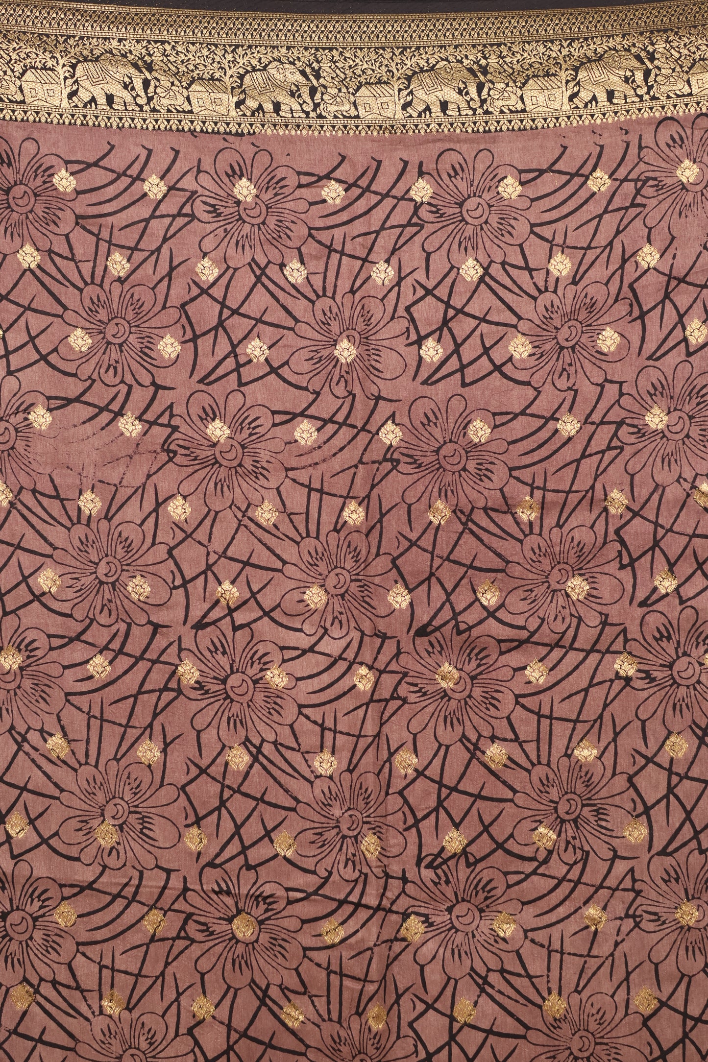 Dusty Brown Ajrakh Handblock printed Dola Silk Saree | Looms & Tassels