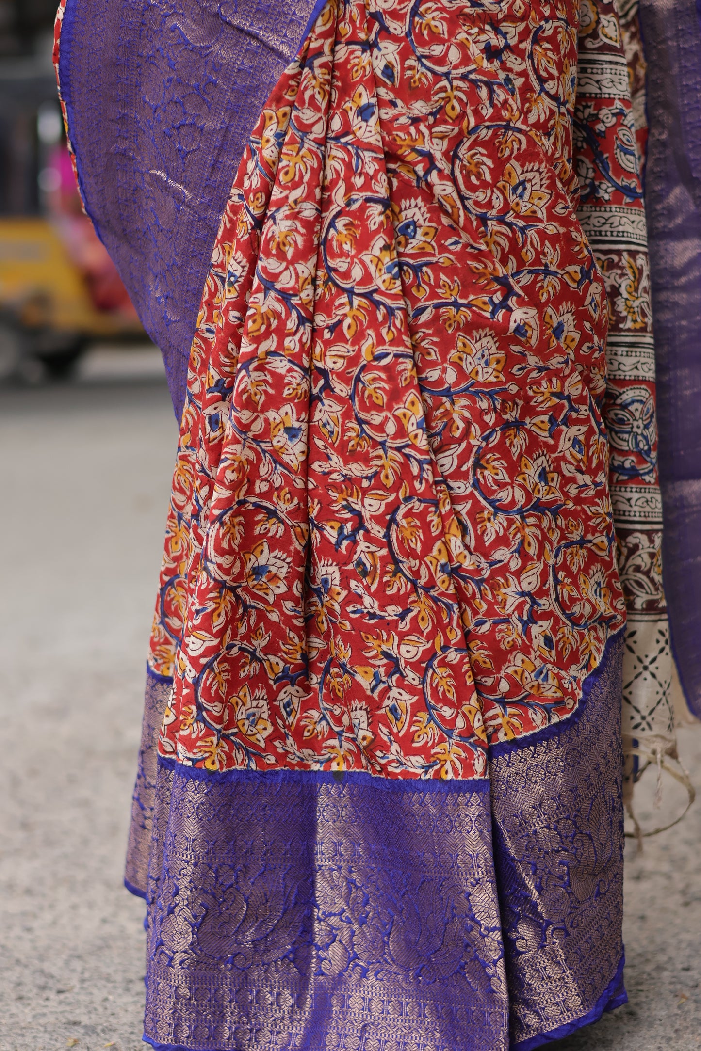 Red & Blue Kuppadam Border Kalamkari Uppada Silk Saree