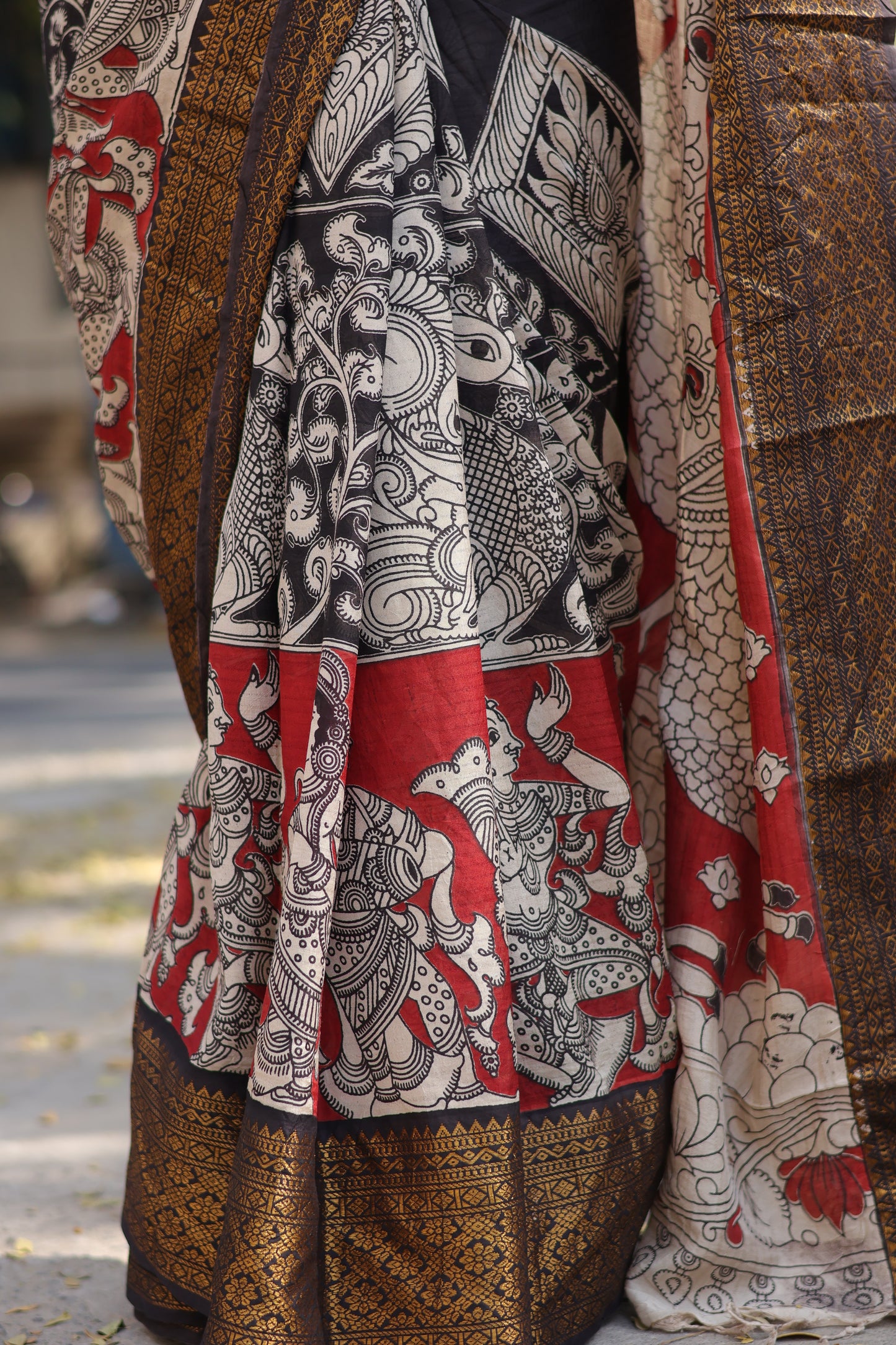 Black & Red Kanchi border Kalamkari chennur silk saree