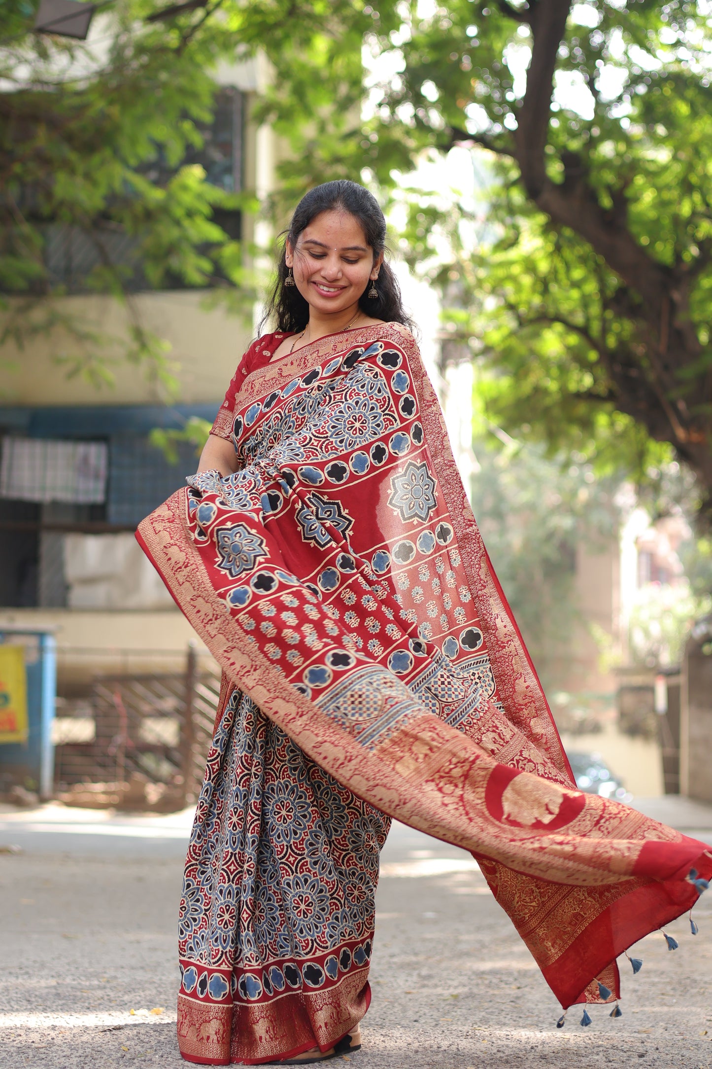 Ajrakh Dola Silk Saree
