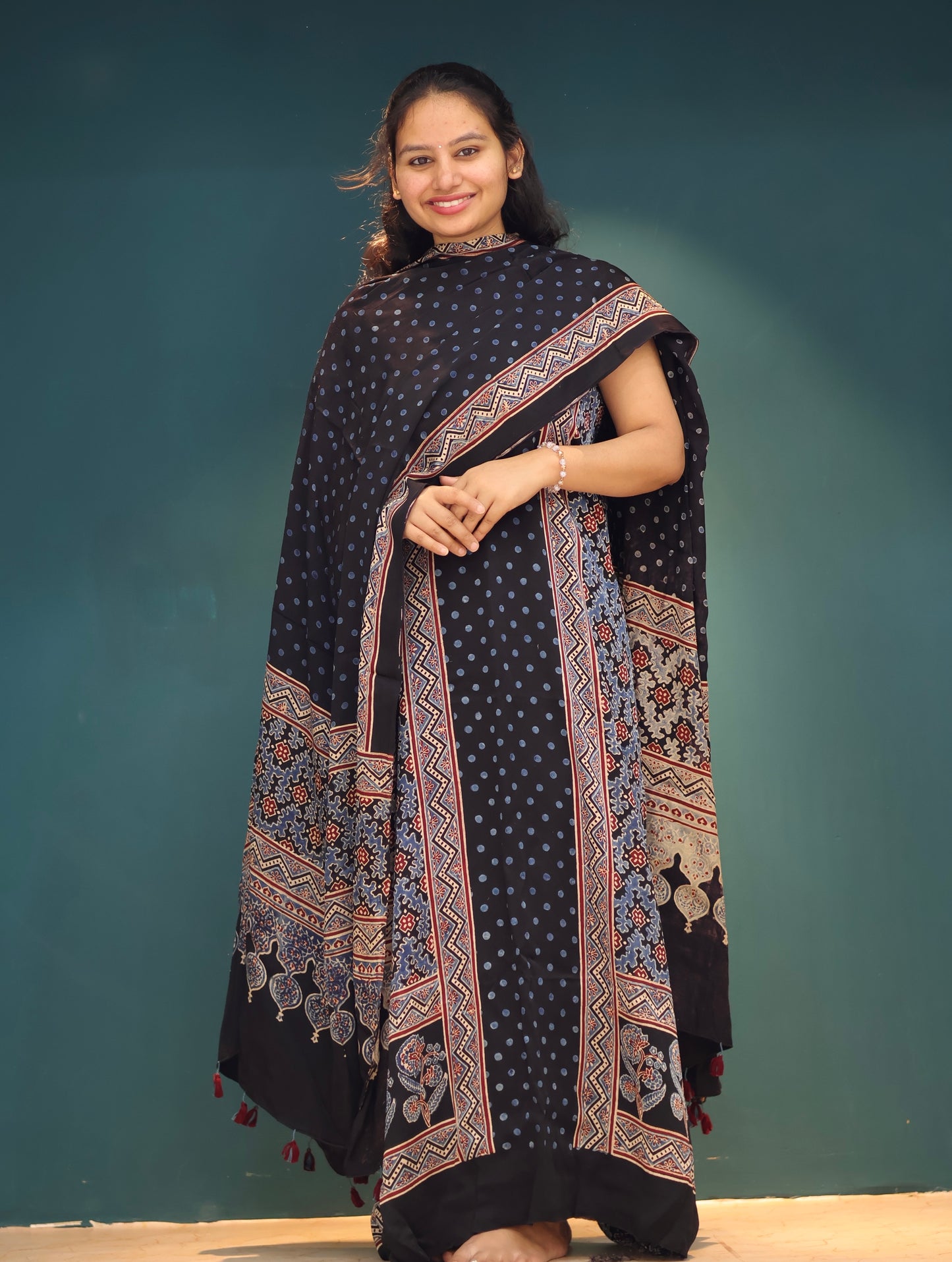 Black Handblock printed Ajrakh modal silk 2 piece suit set
