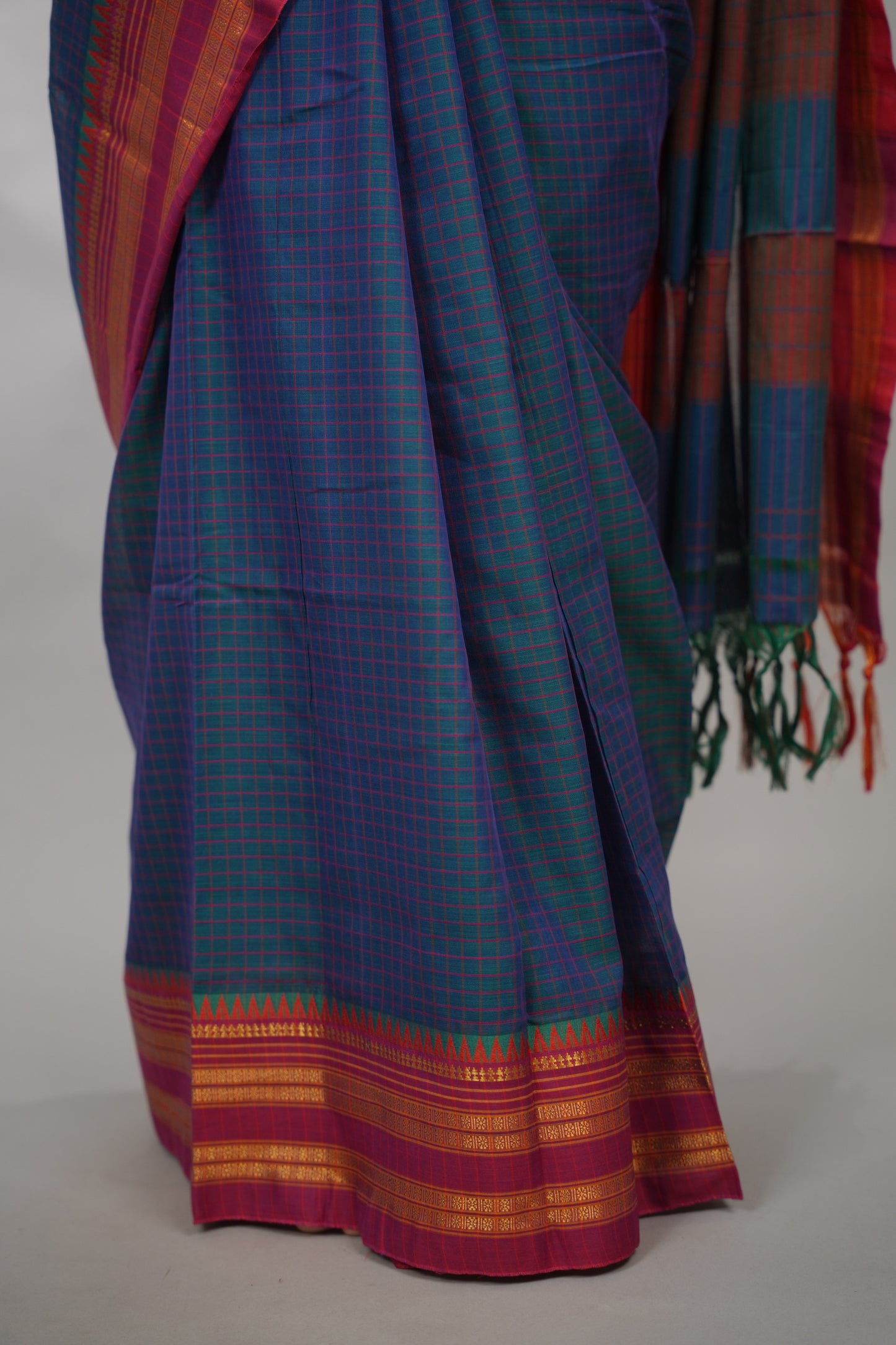 Peacock Blue Checks Narayanpet Cotton Saree with Traditional contrast Border | Looms & Tassels
