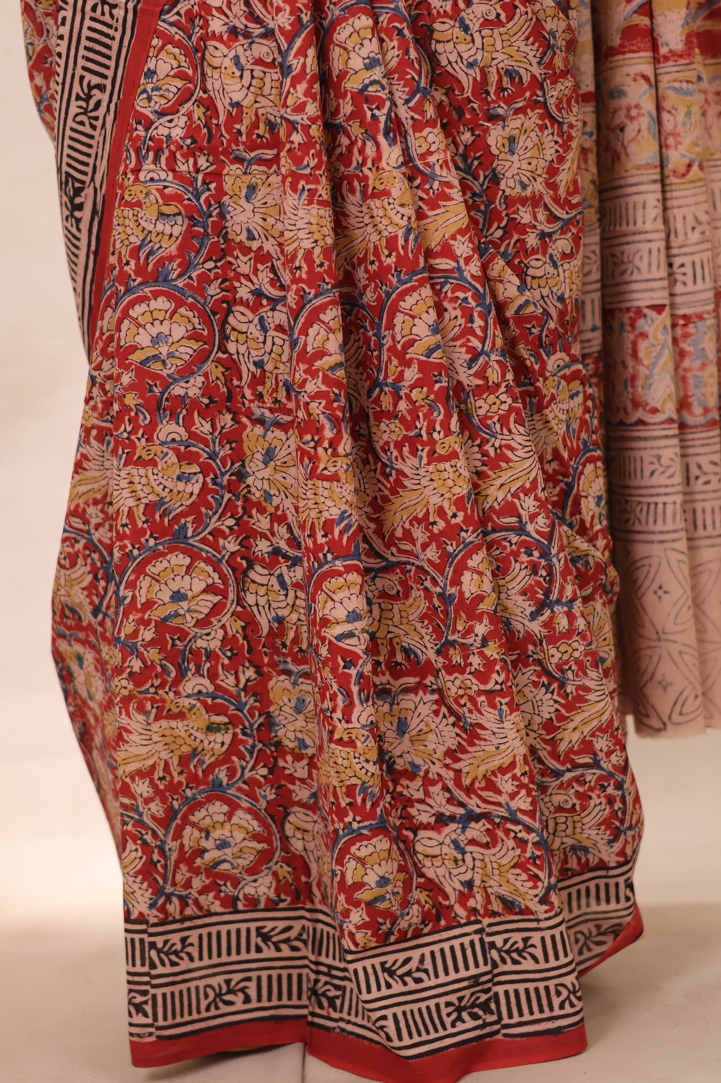 Maroon Hand Block Printed Kalamkari Cotton Saree | Looms & Tassels