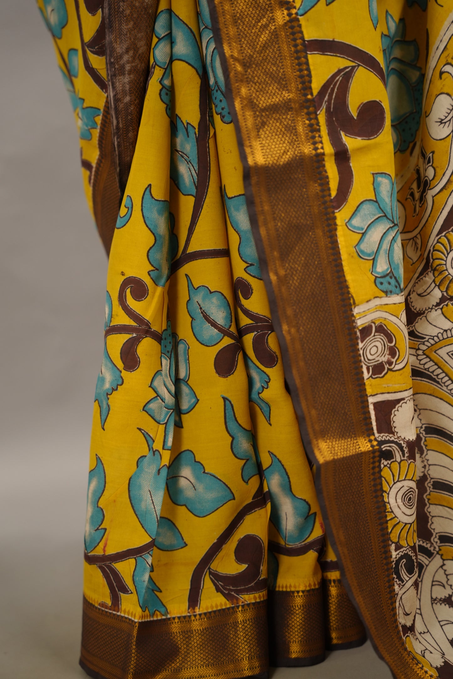 Yellow Kalamkari Nizam Border Chennur Silk Saree | Looms & Tassels