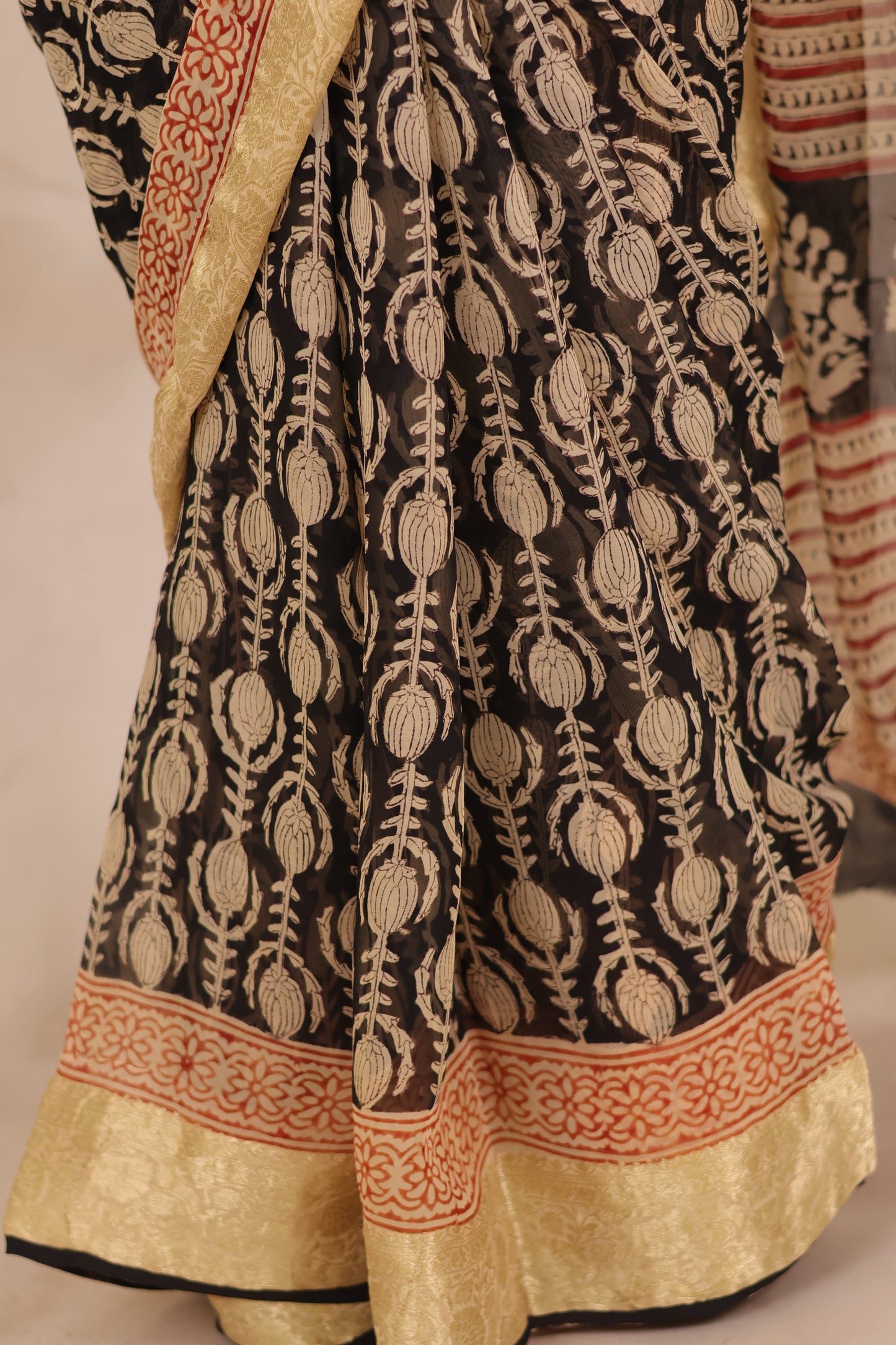 Black Chiffon Hand Block Printed Saree with Jari Border | Looms & Tassels