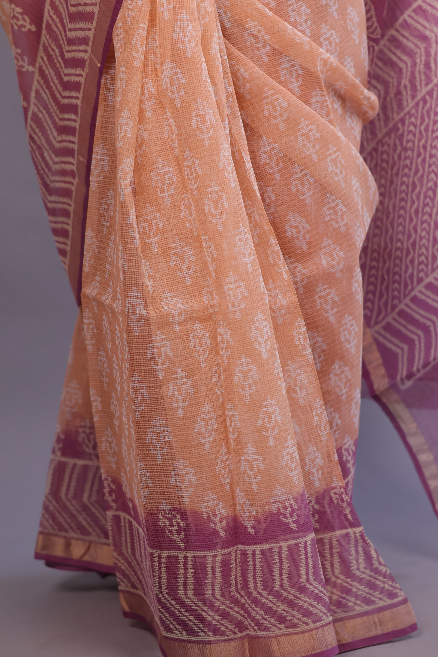 Pure Kota Doria Saree with Bagru Handblock Prints – Peach | Looms&Tassels