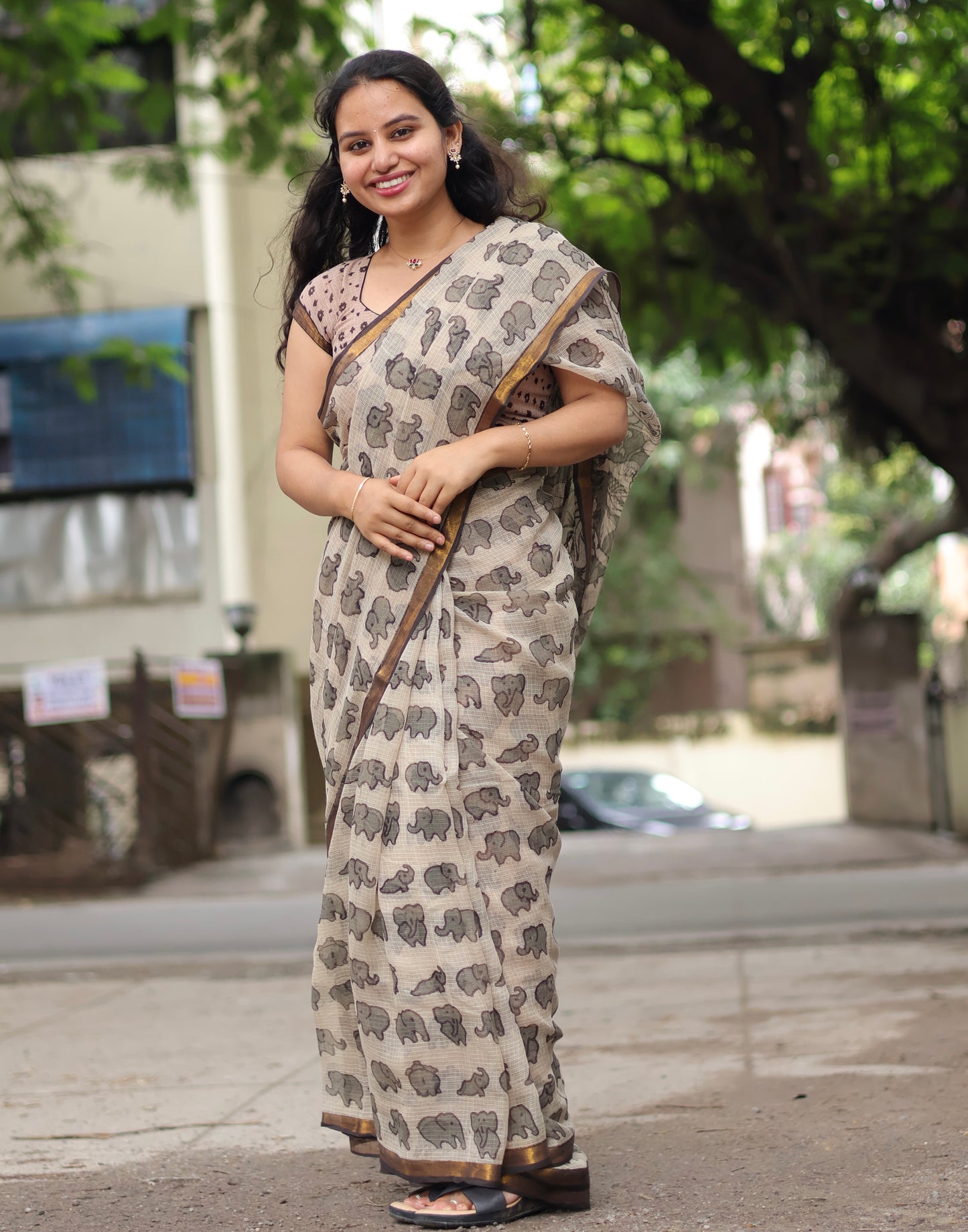 Grey Kalamkari printed Kota Doriya Saree