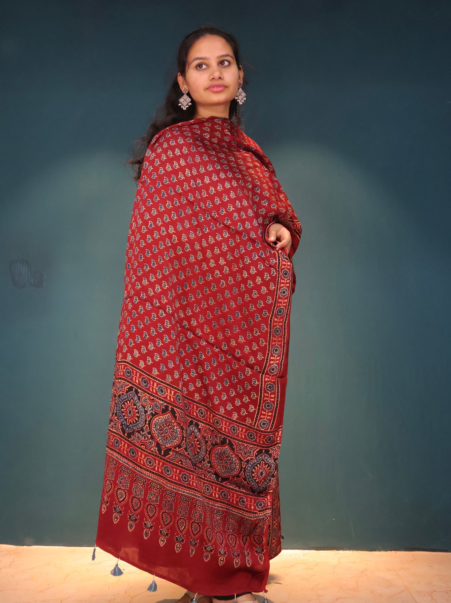 Red Handblock printed Ajrakh modal silk 2 piece suit set