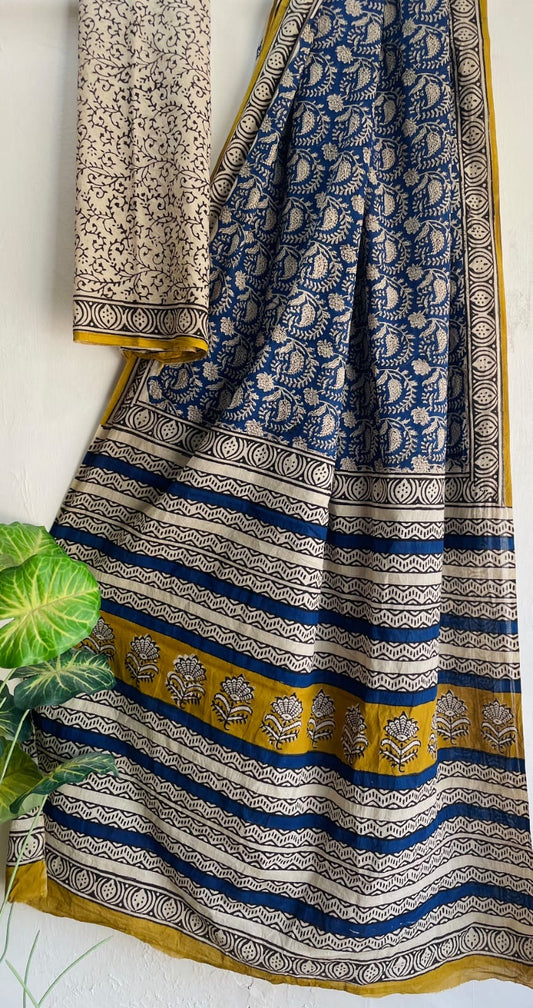 Blue Bagru Handblock printed MulMul cotton saree