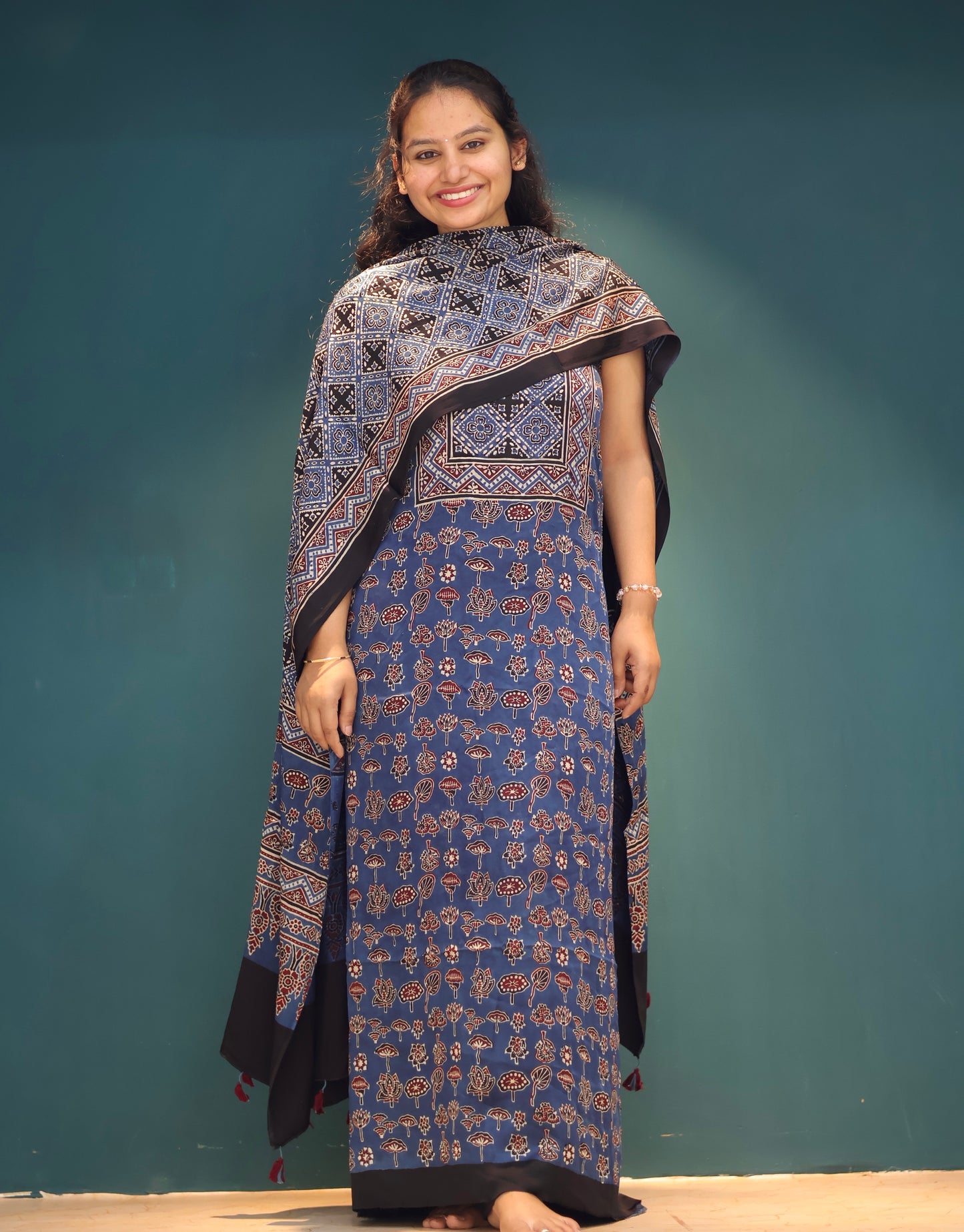 Indigo Handblock printed Ajrakh modal silk 2 piece suit set