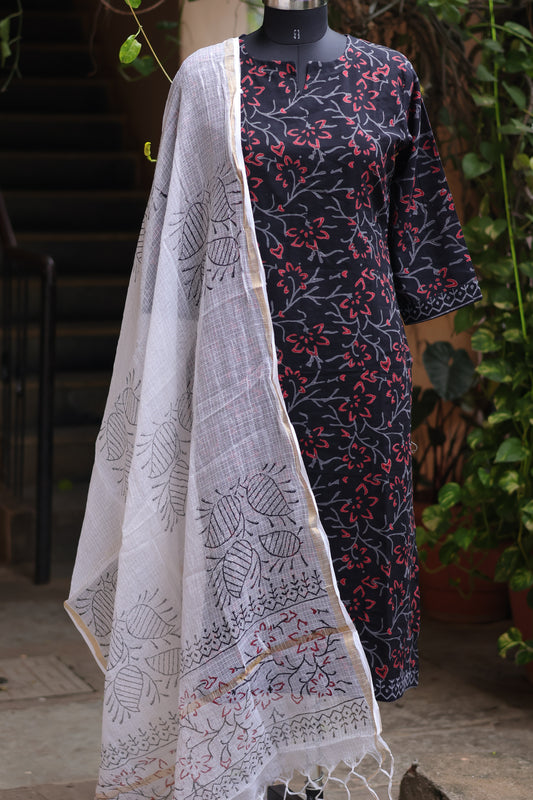 Black Handblock printed Pure Mul Cotton with Kota Doria Duppata 3 piece suit (stitched)