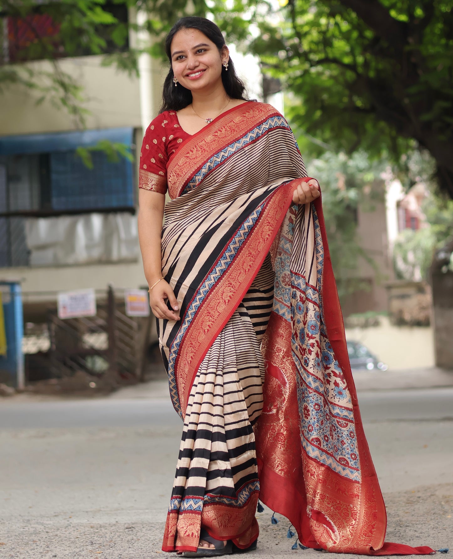 Stripes Contemporary Ajrakh Dola Silk Saree