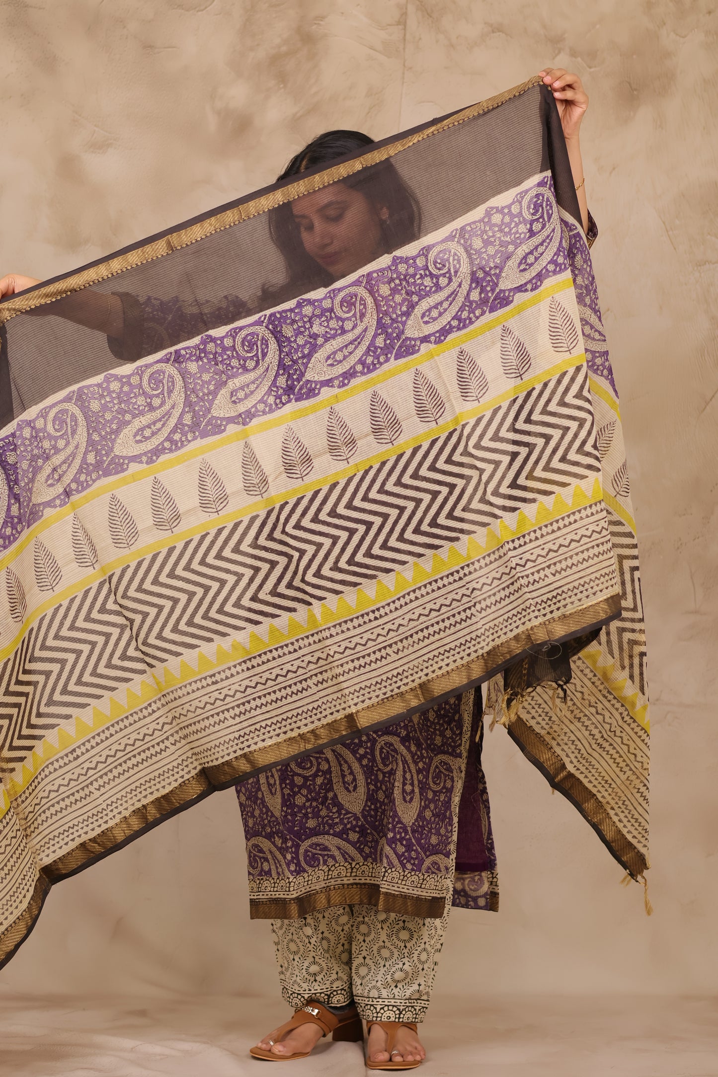 Lavender Handblock printed Pure Maheswari Silk 3 piece suit (stitched)
