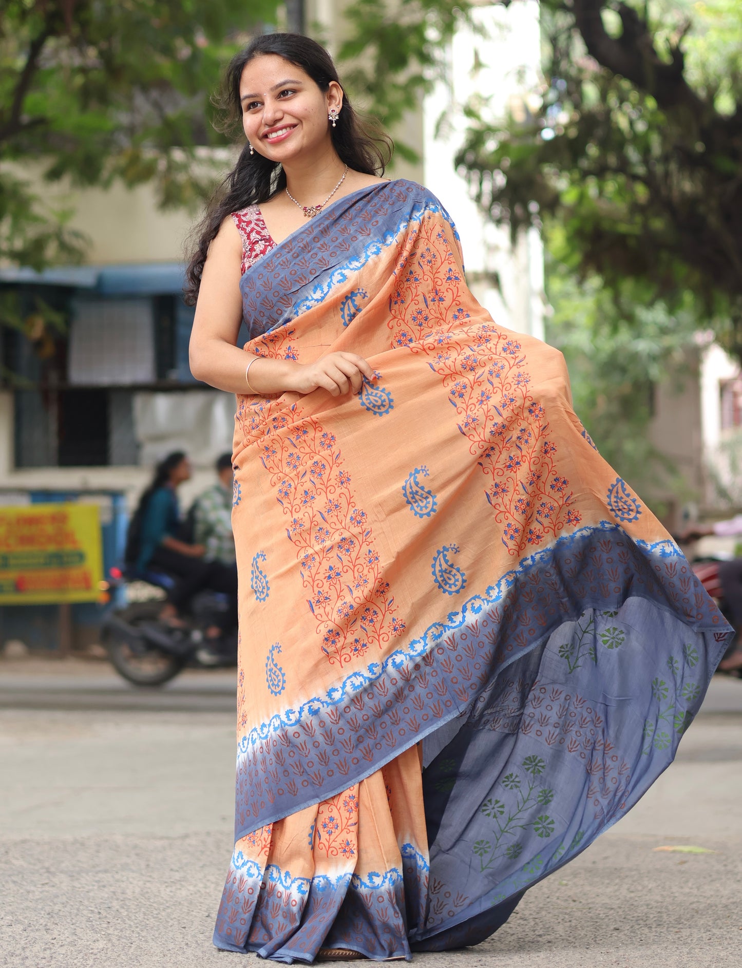 Hand dyeing premium chennur silk with block prints saree