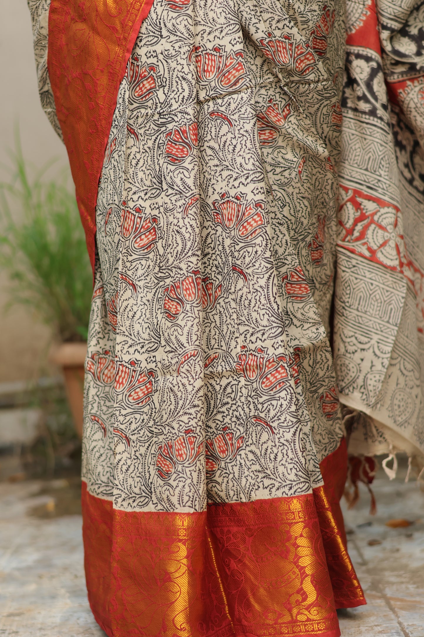 Kanchi Border Hand Block Printed kalamkari Silk Saree