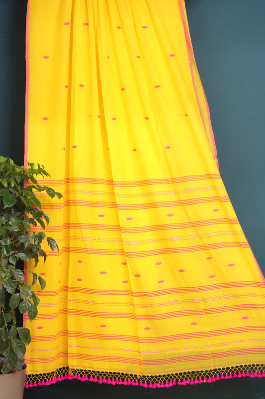 Yellow Pure Handwoven Malai Cotton Saree with Butta Weaving