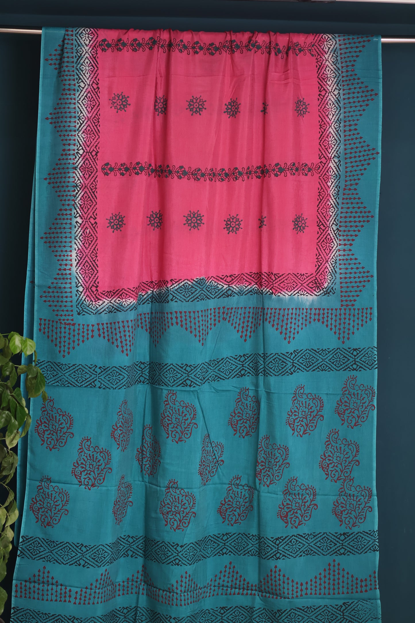 Pink Hand dyeing premium chennur silk with block prints saree
