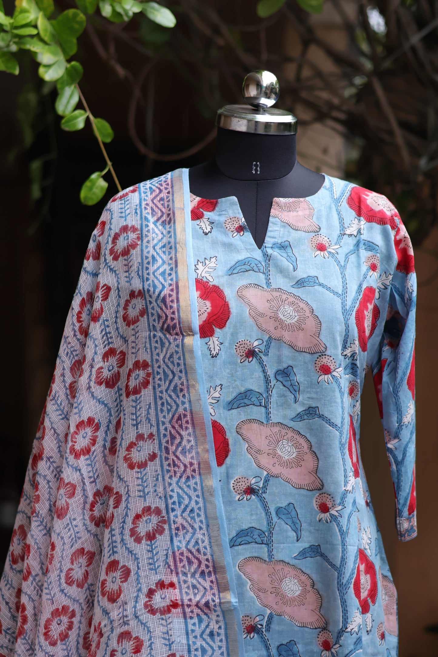 Blue Handblock printed Pure Mul Cotton with Kota Doria Duppata 3 piece suit (stitched)