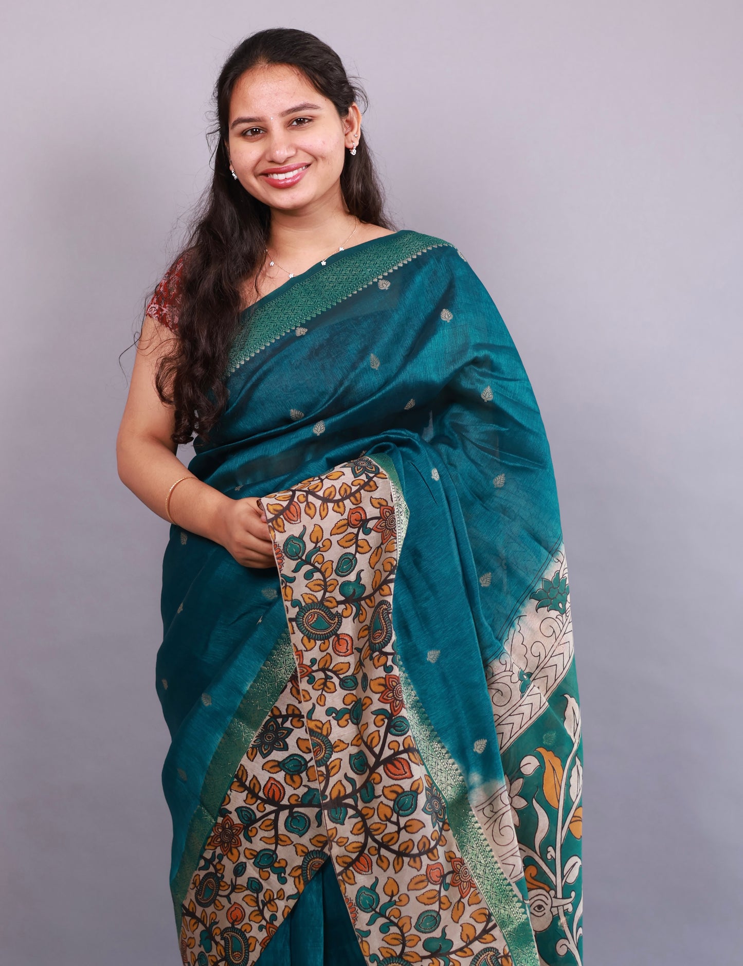 Peacock Green Chanderi Silk Kalamkari dyeing saree | Looms & Tassels