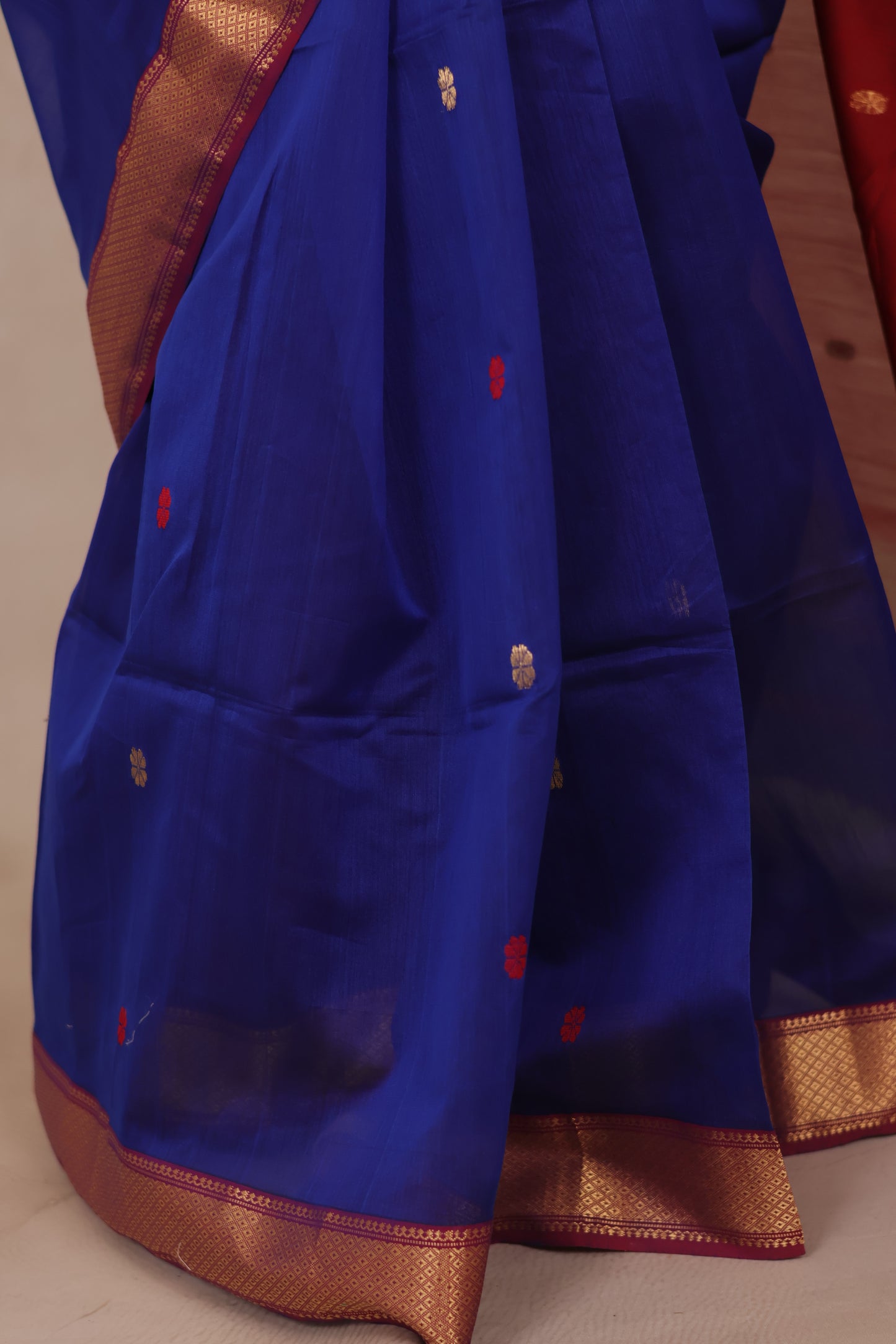 Blue & Red Handloom Maheswari Silk Cotton Sarees | Looms & Tassels