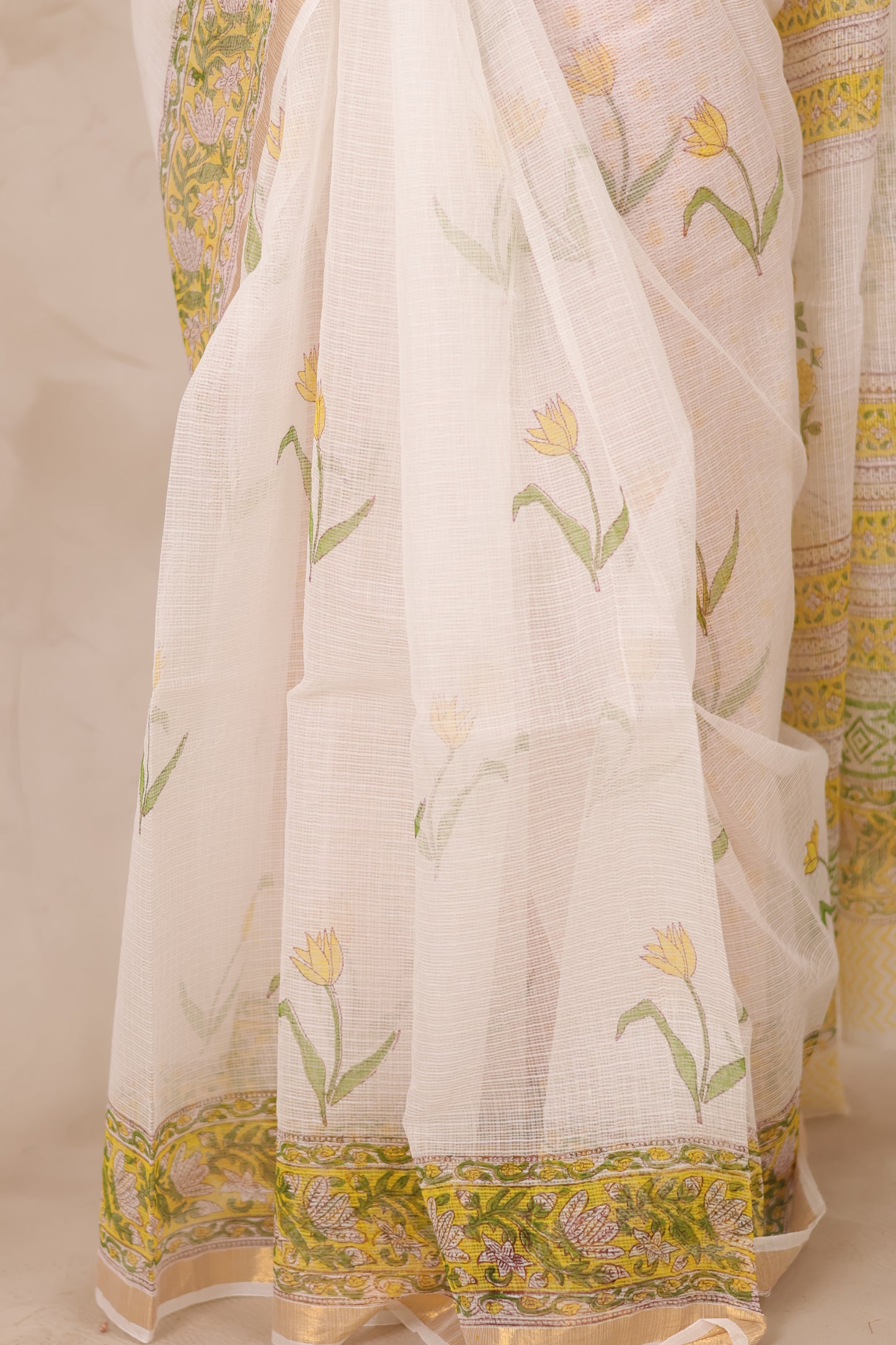 White Pure Kota Doria Saree with Bagru Handblock Prints | Looms & Tassels