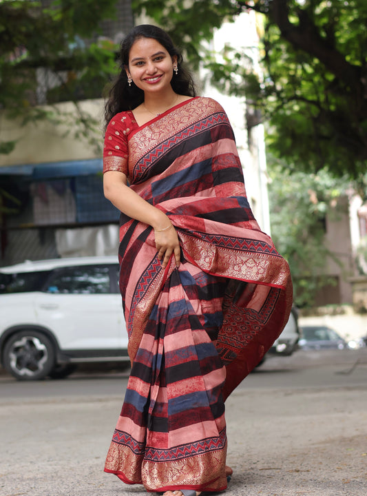 Stripes Contemporary Ajrakh Dola Silk Saree