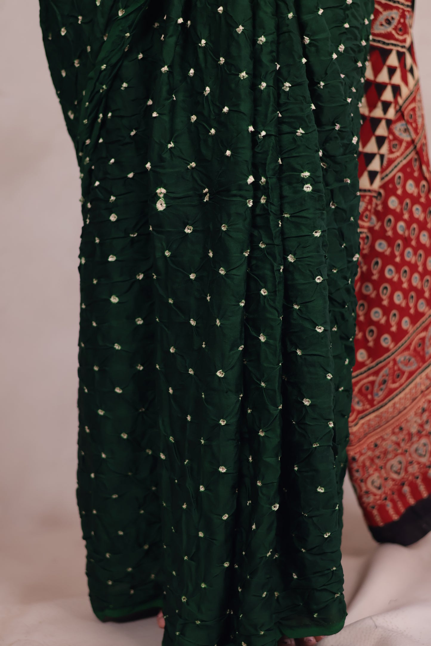 Bottle Green Hand Knotted Bandhej Modal Silk Saree with Ajrakh Pallu | Looms & Tassels