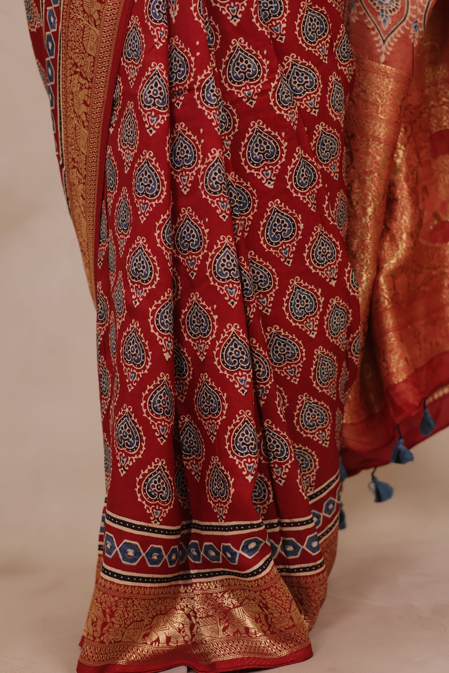 Maroon Butta Ajrakh Handblock printed Dola Silk Saree | Looms & Tassels