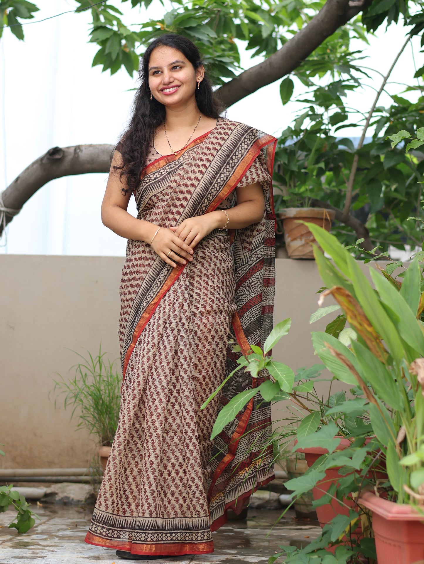 Cream Bagru Hand block printed Kota Doriya Saree