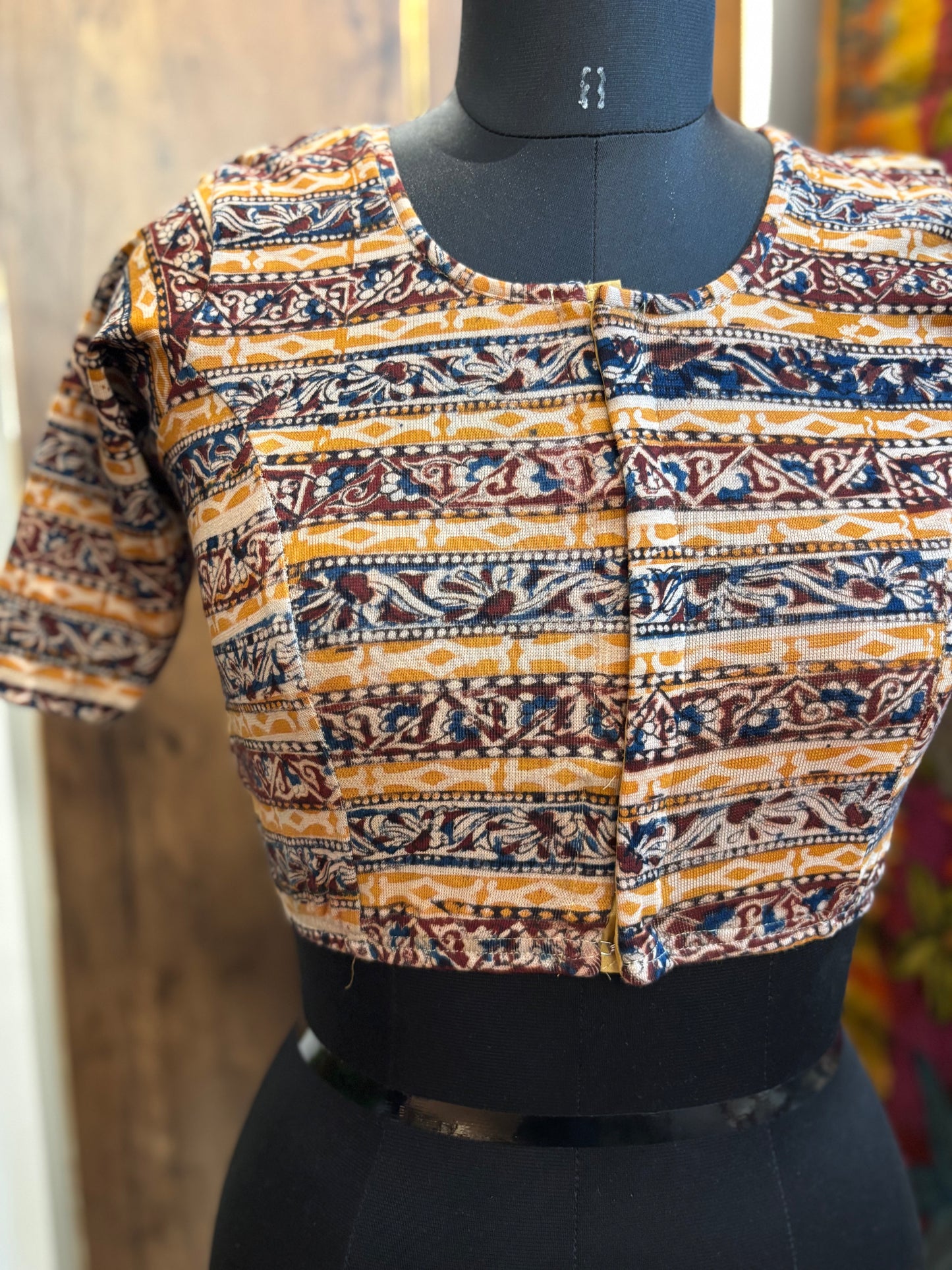 Round neck Stretchable Hand block printed kalamkari blouse with front hooks