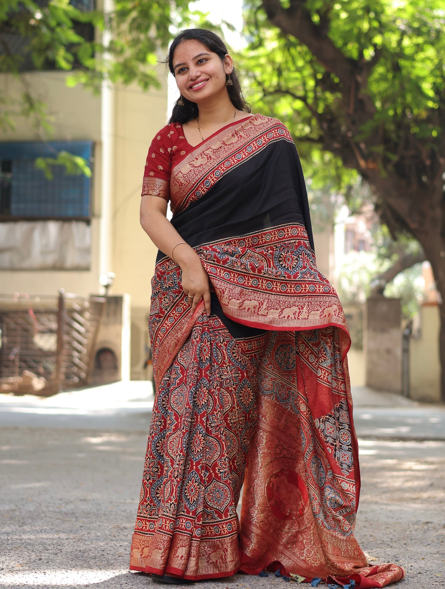 Black & Red Ajrakh Dola Silk Saree